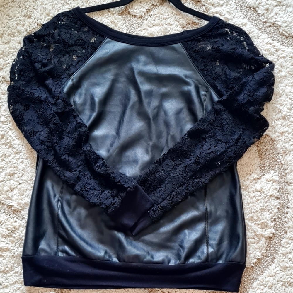 M Bailey 44 Pleather Black Lace Top